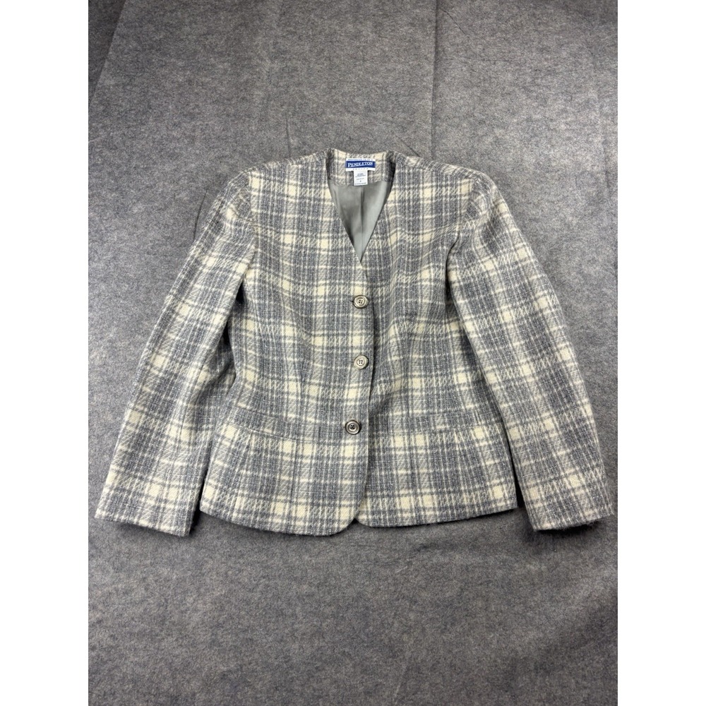 Vintage Pendleton Women 8 USA Gray Tweed Plaid Wool Jacket Holliday Elegant 80s